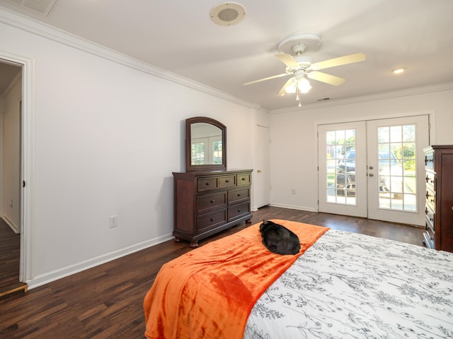 bedroom with dark wood-type flooring, access to exterior, ceiling fan, french doors, and ornamental molding