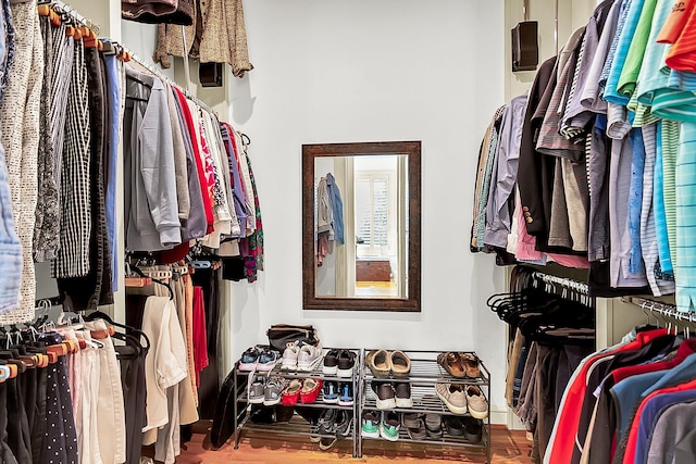 walk in closet with wood-type flooring