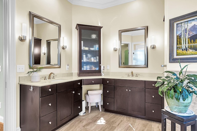 bathroom with ornamental molding and vanity