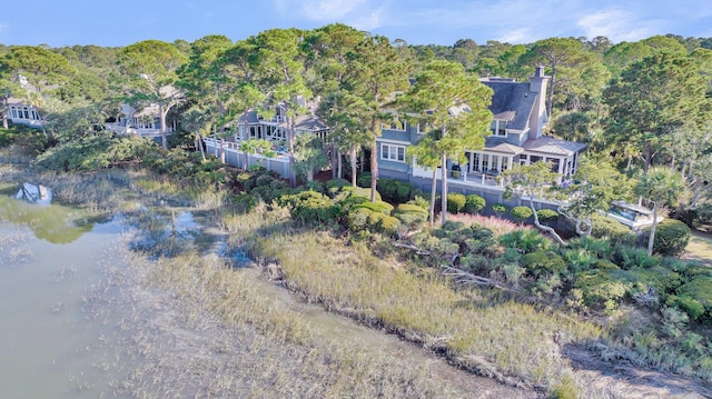 drone / aerial view with a water view