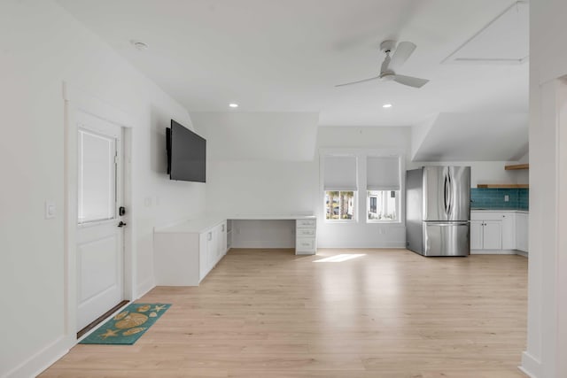 unfurnished living room with ceiling fan, light wood-style flooring, and recessed lighting