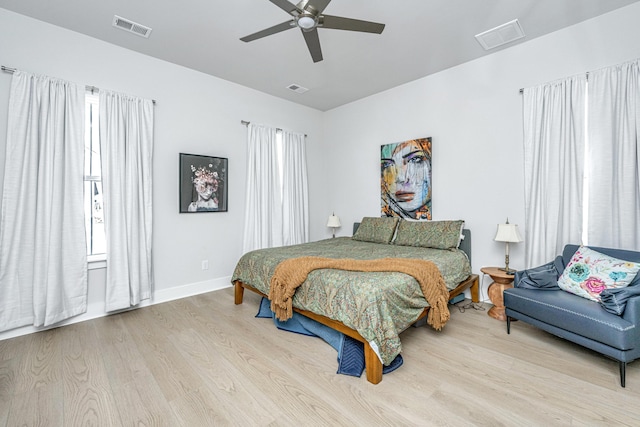 bedroom featuring ceiling fan and light hardwood / wood-style flooring