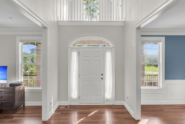 2720 Oak Manor Dr, Mount Pleasant, SC 29466 - foyer entrance with plenty of natural light, wood finished floors, a wainscoted wall, and crown molding