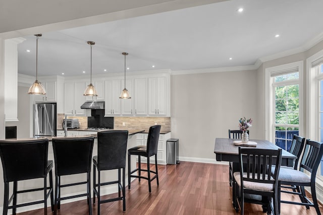 2720 Oak Manor Dr, Mount Pleasant, SC 29466 - kitchen with stainless steel appliances, under cabinet range hood, dark wood-type flooring, white cabinets, and decorative backsplash