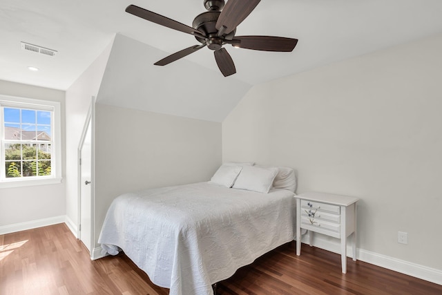 2720 Oak Manor Dr, Mount Pleasant, SC 29466 - bedroom featuring baseboards, wood finished floors, vaulted ceiling, and ceiling fan