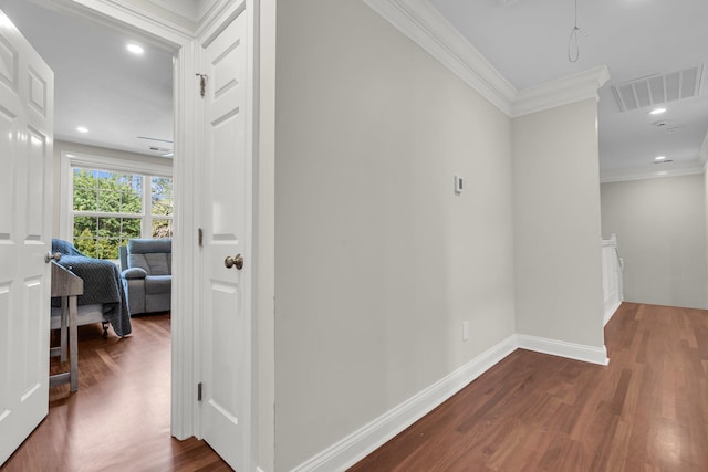 2720 Oak Manor Dr, Mount Pleasant, SC 29466 - hallway with dark wood-style flooring, ornamental molding, baseboards, and recessed lighting