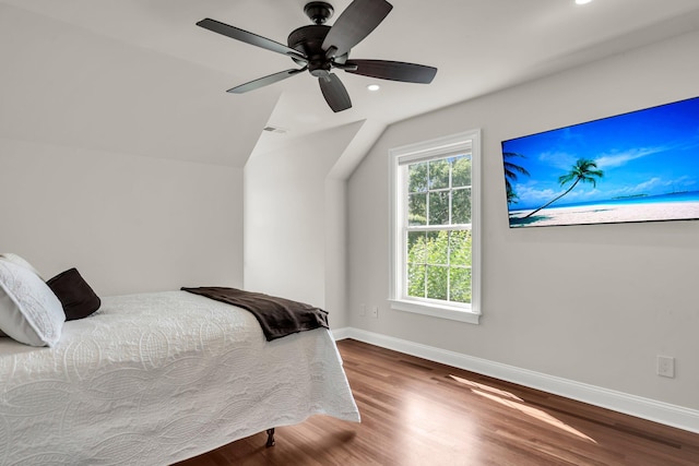 2720 Oak Manor Dr, Mount Pleasant, SC 29466 - bedroom with wood finished floors, baseboards, vaulted ceiling, recessed lighting, and a ceiling fan