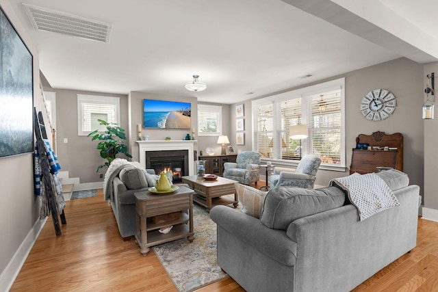 living room with light hardwood / wood-style floors and a healthy amount of sunlight