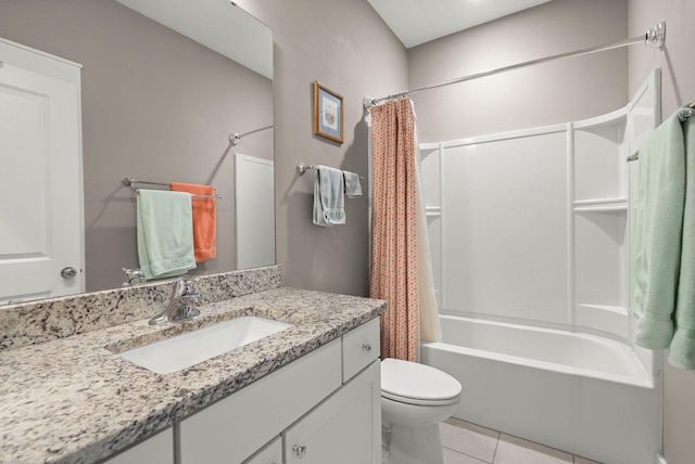 full bathroom with vanity, toilet, shower / bath combo with shower curtain, and tile patterned flooring