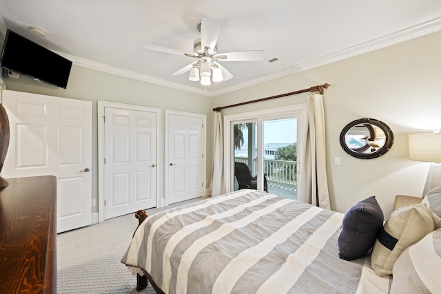 bedroom with access to exterior, crown molding, light colored carpet, and ceiling fan