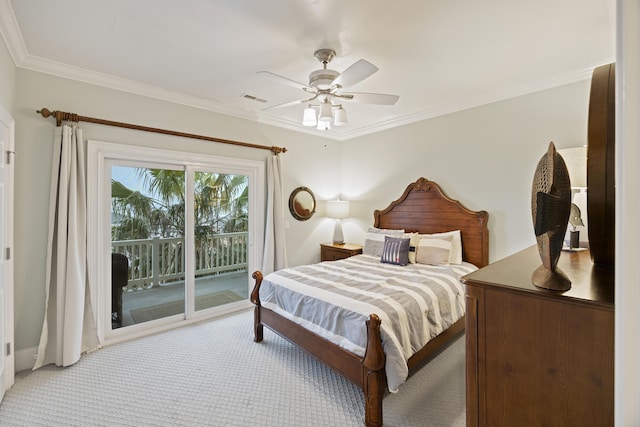 bedroom with crown molding, access to outside, light colored carpet, and ceiling fan