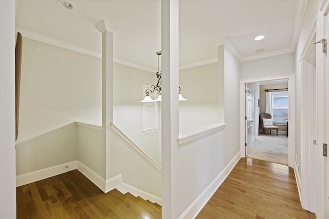 hall featuring ornamental molding and hardwood / wood-style floors