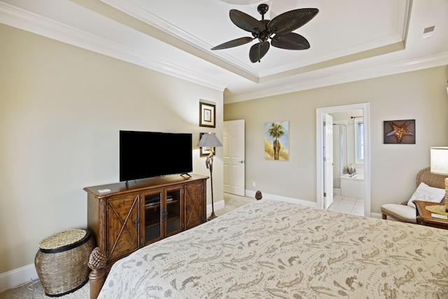 bedroom with crown molding, ceiling fan, and a raised ceiling