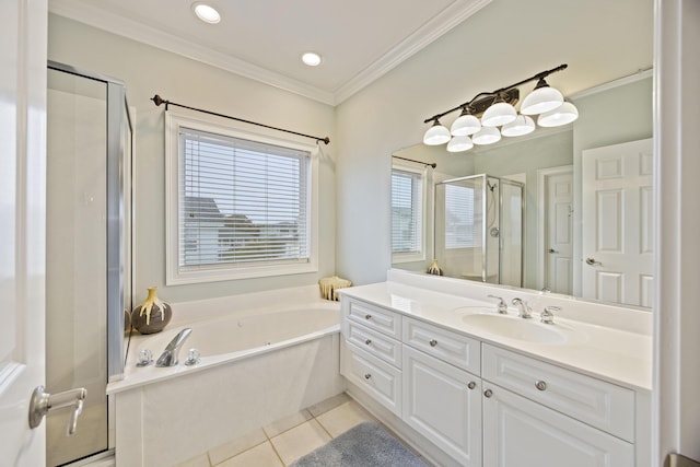 bathroom with tile patterned flooring, vanity, ornamental molding, and shower with separate bathtub