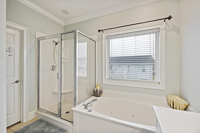 bathroom with crown molding, tile patterned floors, and shower with separate bathtub