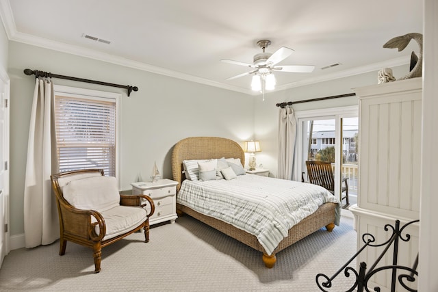 carpeted bedroom with ornamental molding, access to outside, and ceiling fan