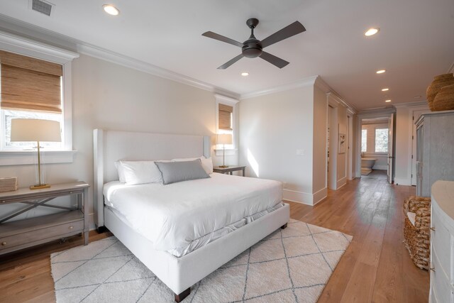 3803 Palm Blvd, Isle Of Palms, SC 29451 - bedroom with ornamental molding, recessed lighting, light wood-type flooring, baseboards, and ceiling fan
