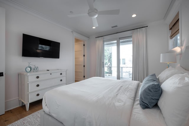 3803 Palm Blvd, Isle Of Palms, SC 29451 - bedroom featuring light wood-type flooring, recessed lighting, crown molding, a ceiling fan, and access to exterior