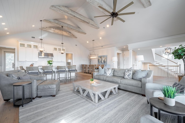3803 Palm Blvd, Isle Of Palms, SC 29451 - living area with ceiling fan, stairs, light wood finished floors, recessed lighting, and beamed ceiling