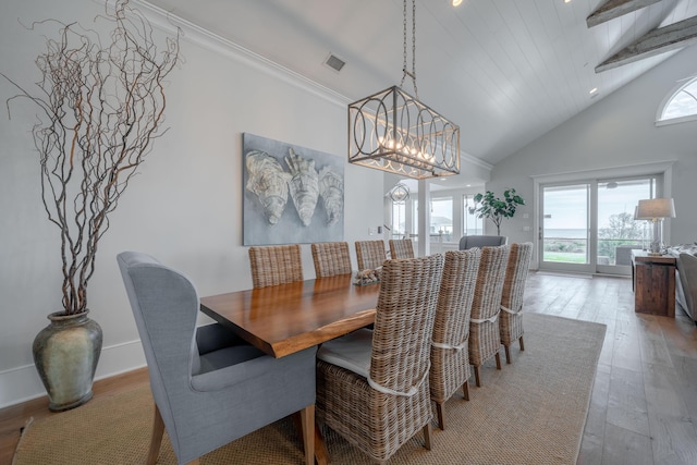 3803 Palm Blvd, Isle Of Palms, SC 29451 - dining room with hardwood / wood-style floors, a chandelier, and high vaulted ceiling