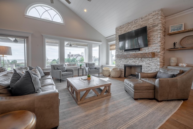 3803 Palm Blvd, Isle Of Palms, SC 29451 - living room with a ceiling fan, wood finished floors, plenty of natural light, and high vaulted ceiling