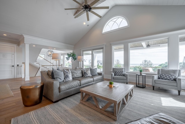 3803 Palm Blvd, Isle Of Palms, SC 29451 - living room with ceiling fan, high vaulted ceiling, wood finished floors, recessed lighting, and stairs