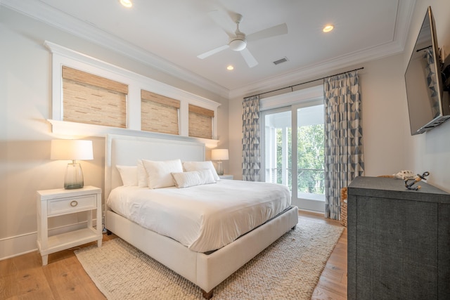 3803 Palm Blvd, Isle Of Palms, SC 29451 - bedroom with ornamental molding, recessed lighting, light wood-type flooring, a ceiling fan, and access to exterior