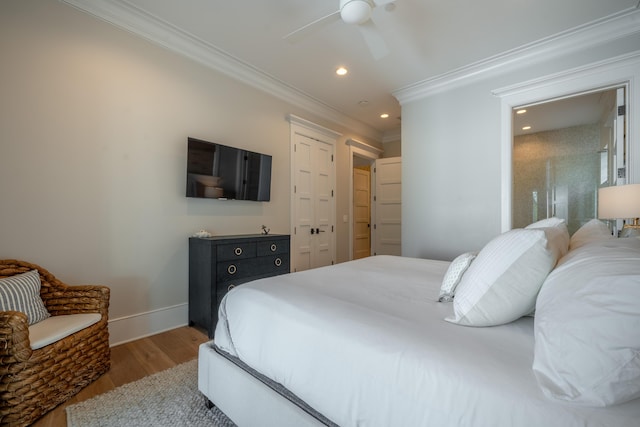 3803 Palm Blvd, Isle Of Palms, SC 29451 - bedroom with crown molding, light wood finished floors, recessed lighting, baseboards, and a ceiling fan