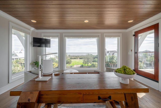 3803 Palm Blvd, Isle Of Palms, SC 29451 - dining area with healthy amount of natural light, baseboards, wood ceiling, ornamental molding, and recessed lighting