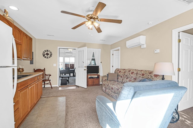 living room with an AC wall unit, light carpet, and ceiling fan