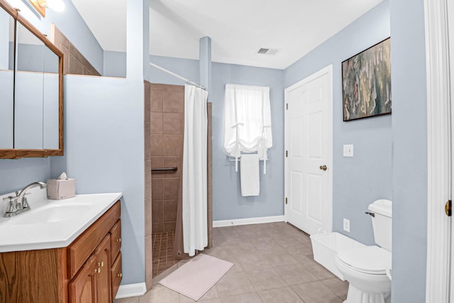 bathroom with a shower with shower curtain, tile patterned flooring, toilet, and vanity