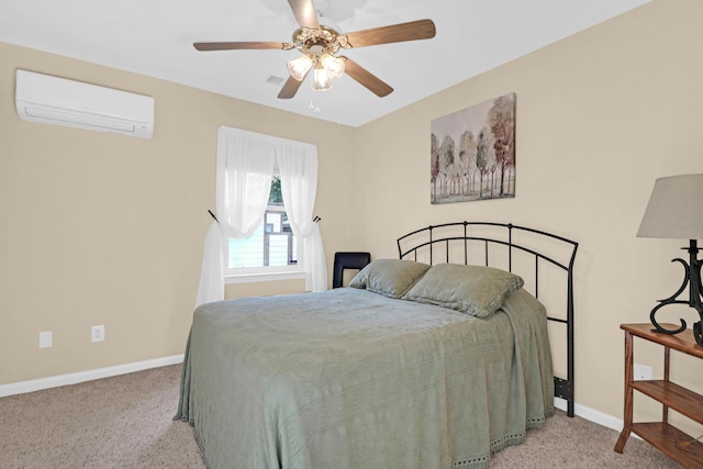 carpeted bedroom featuring a wall mounted air conditioner and ceiling fan