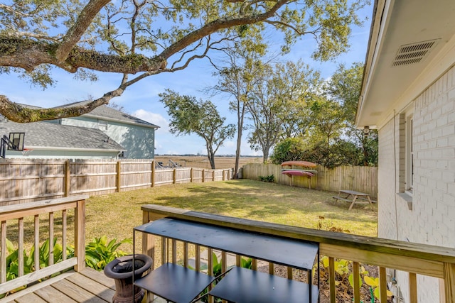 wooden terrace featuring a lawn, a fenced backyard, and visible vents