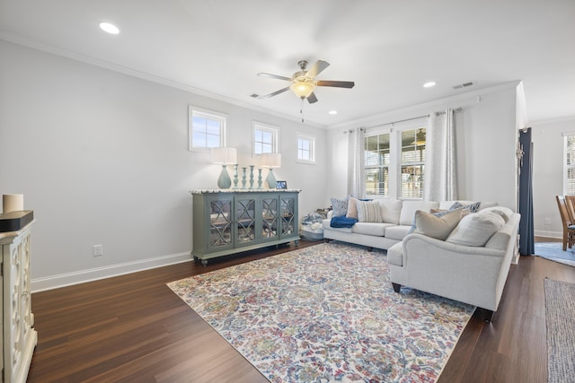 living room with recessed lighting, dark wood-style flooring, visible vents, baseboards, and crown molding