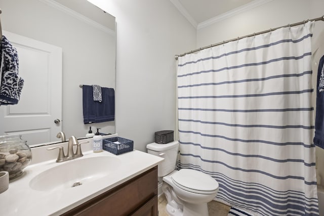 bathroom featuring ornamental molding, vanity, toilet, and a shower with curtain