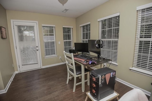 office area with dark hardwood / wood-style floors