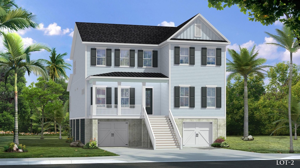 view of front of property with a porch, a garage, and a front lawn