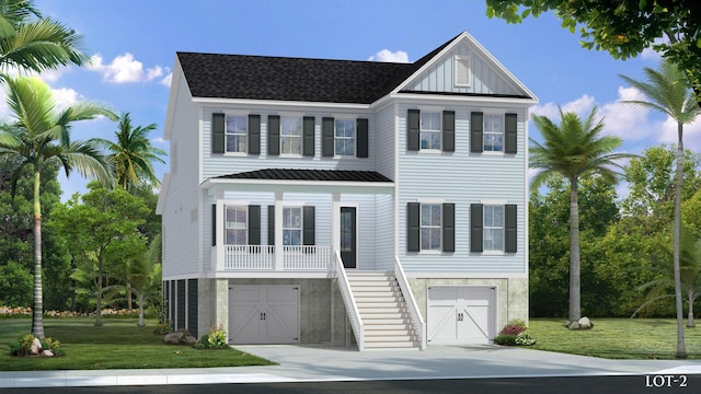 view of front of property with a porch, a garage, and a front lawn