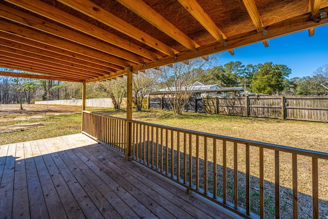 wooden deck featuring a fenced backyard and a yard