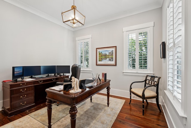 office with a notable chandelier, crown molding, baseboards, and dark wood-type flooring