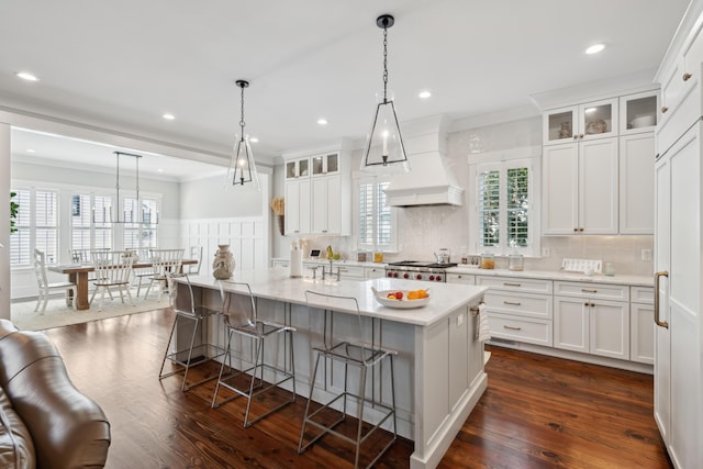 kitchen with glass insert cabinets, a large island, custom range hood, and white cabinetry