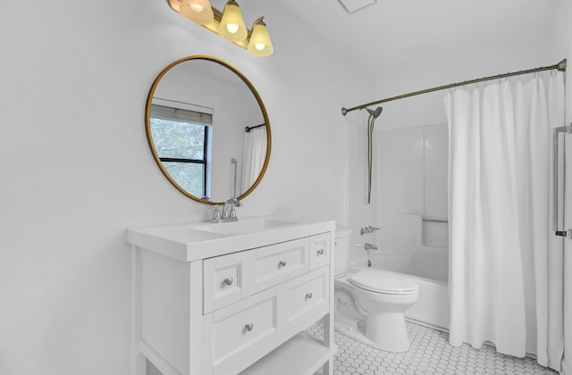 full bathroom featuring shower / bath combination with curtain, vanity, toilet, and tile patterned flooring