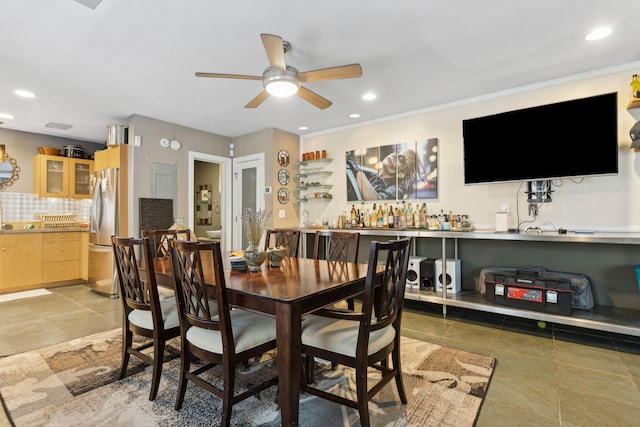 87 America St Unit A, B, C, Charleston, SC 29403 - dining area with a ceiling fan, light tile patterned floors, recessed lighting, and ornamental molding