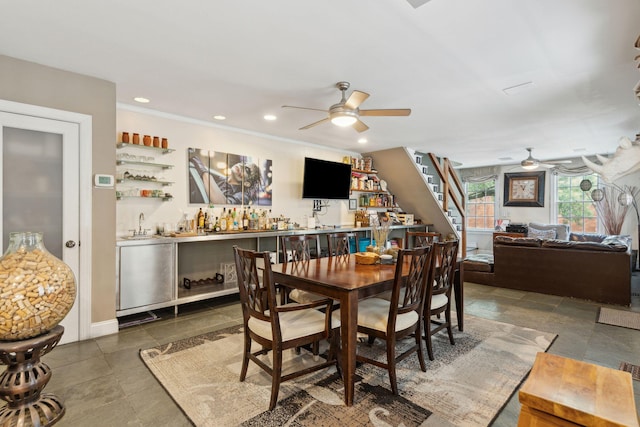 87 America St Unit A, B, C, Charleston, SC 29403 - dining area with a ceiling fan, bar, stairway, and recessed lighting