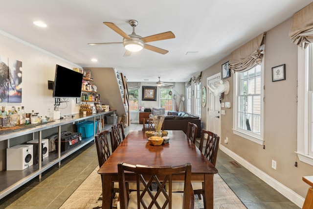 87 America St Unit A, B, C, Charleston, SC 29403 - dining space featuring a ceiling fan, plenty of natural light, baseboards, and recessed lighting
