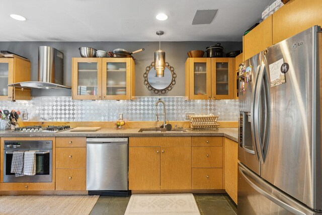 87 America St Unit A, B, C, Charleston, SC 29403 - kitchen featuring stainless steel appliances, a sink, range hood, glass insert cabinets, and backsplash
