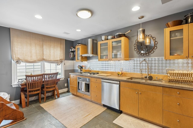 87 America St Unit A, B, C, Charleston, SC 29403 - kitchen featuring stainless steel appliances, a sink, extractor fan, backsplash, and glass insert cabinets