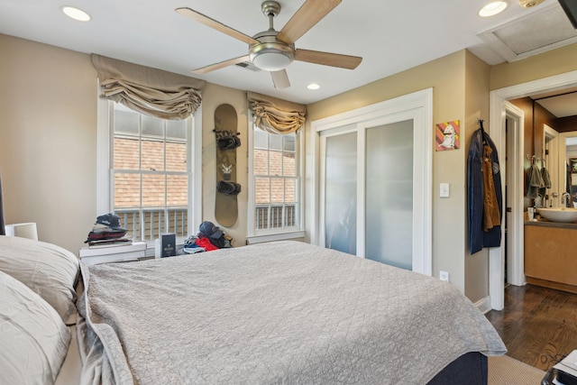 87 America St Unit A, B, C, Charleston, SC 29403 - bedroom with a sink, dark wood-style floors, attic access, recessed lighting, and a ceiling fan
