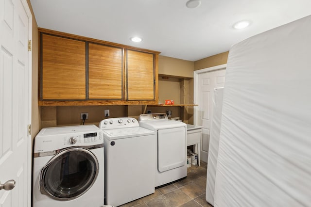 87 America St Unit A, B, C, Charleston, SC 29403 - laundry area with cabinet space, washing machine and clothes dryer, recessed lighting, and stone finish flooring