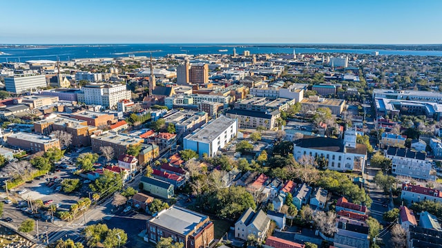 drone / aerial view featuring a water view